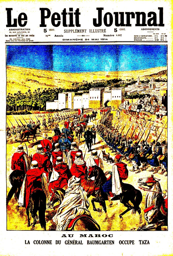 Cover of the French newspaper 'Le Petit Journal' dated Sunday, May 24, 1914. Almost the entire front page is taken up with a photo of French soldiers and their North African allies marching toward a walled city. The caption reads (in French): "In Morocco, General Baumgarten's column occupies Taza".
The image has been solarized and the contrast increased greatly, giving the whole thing an appearance similar to that of a comic book.