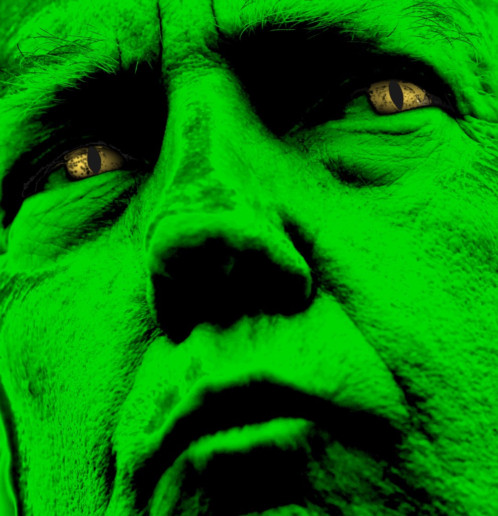 A closeup photo of Donald Trump's face, solarized and high contrast, making all the contours of his skin look a bit scaly. There is a colored filter making the whole image look green, and his eyes have been turned yellow with pupils that are vertical slits like those of a snake.