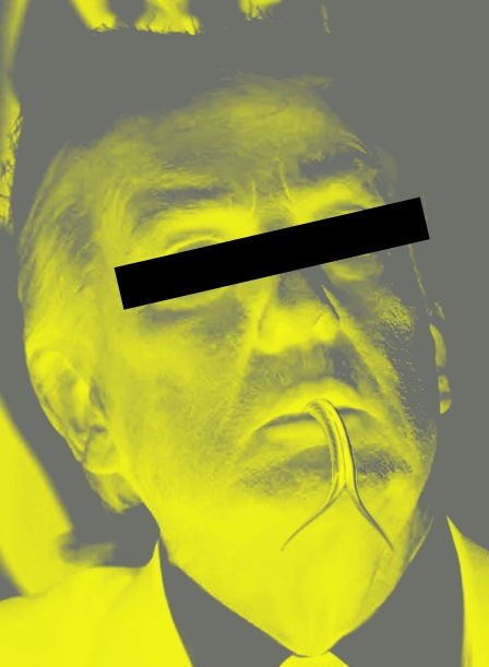 A yellow and black solarized image of Donald Trump with a snake tongue sticking out of his mouth and a black bar over his eyes like a blackmail photo
