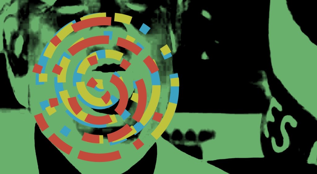 A distorted black-and-green closeup photo of Donald Trump with his mouth open as though he is yelling. Superimposed over his face (and centered around his mouth) are overlapping red, yellow, and blue spirals, each broken up into different sized segments.
